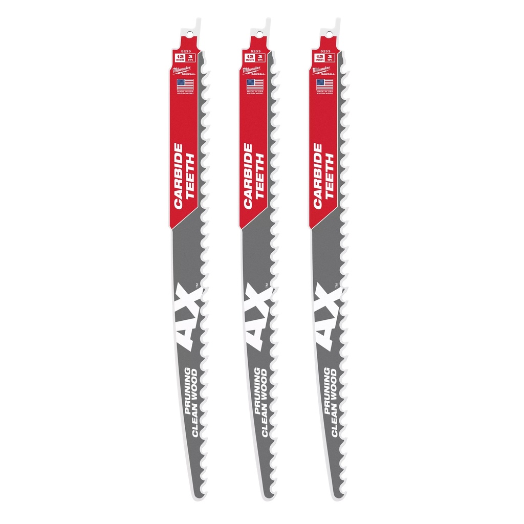 Milwaukee 48-00-5333 12" 3 TPI AX™ with Carbide Teeth SAWZALL® Blade for Pruning (3 PK)