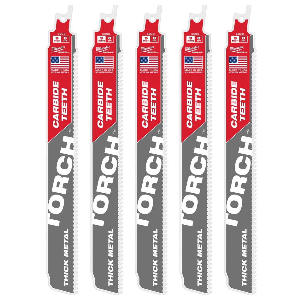 Milwaukee 48-00-5502 9" 8 TPI TORCH™ with Carbide Teeth SAWZALL® Blades (5 PK)