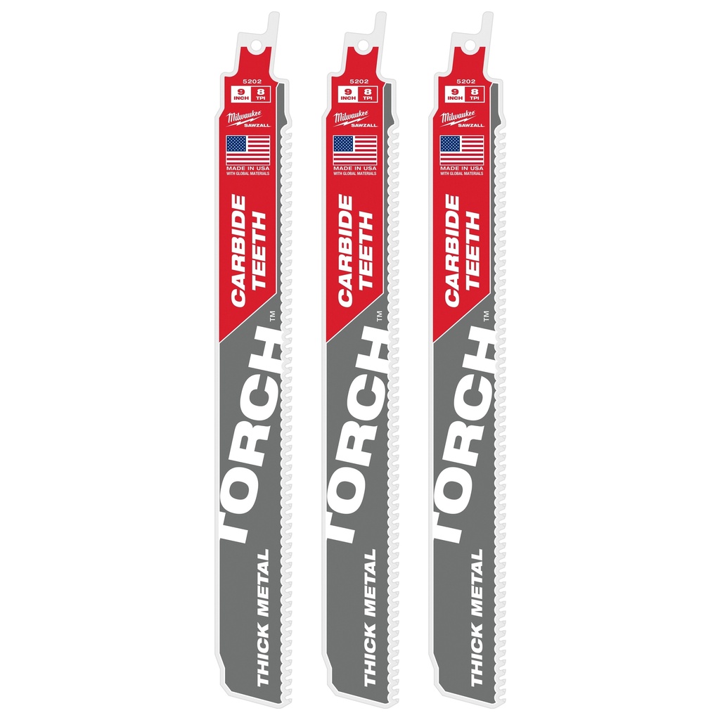 Milwaukee 48-00-5302 9" 8 TPI TORCH™ with Carbide Teeth SAWZALL® Blades (3 PK)