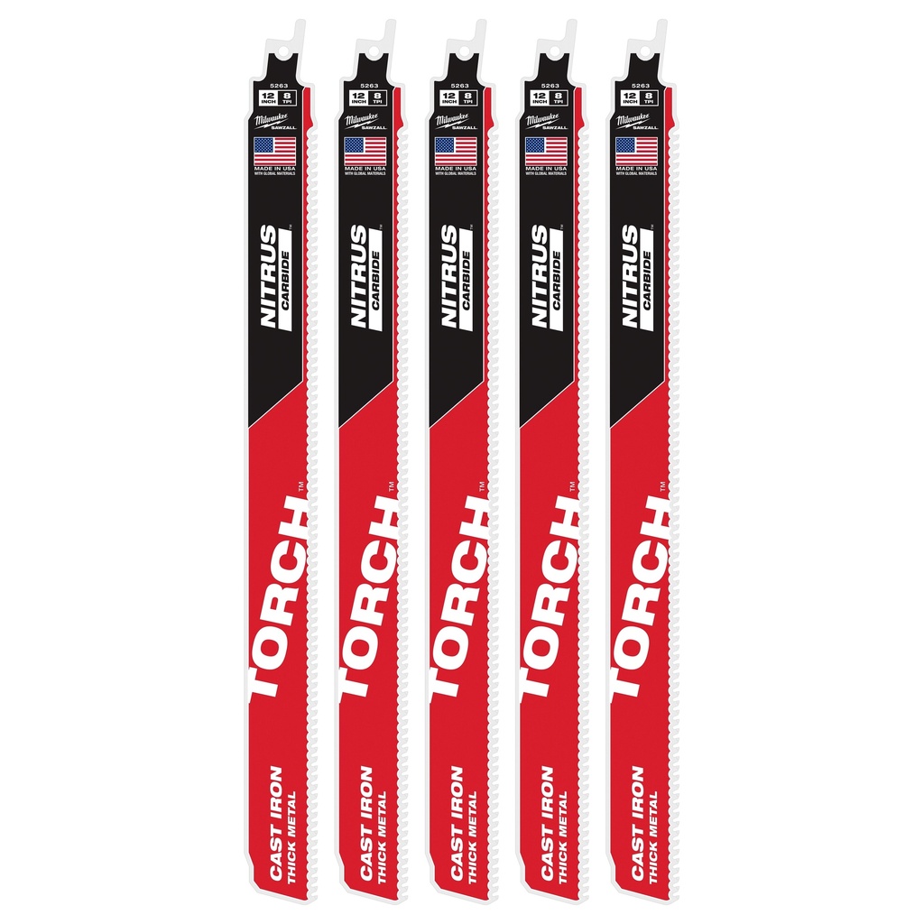 Milwaukee 48-00-5563 12" 8 TPI TORCH™ with NITRUS™ Carbide SAWZALL® Blade for Cast Iron (5 PK)