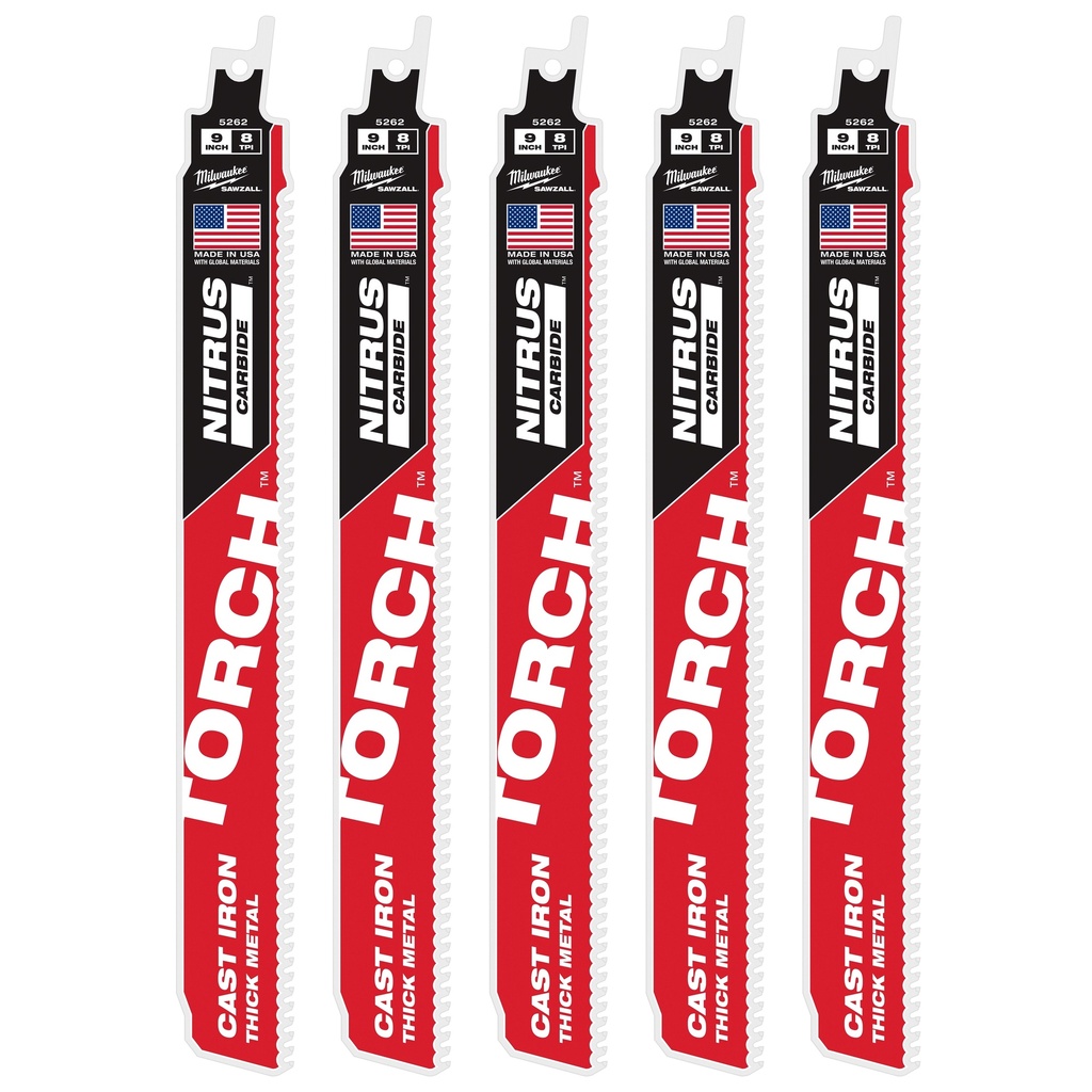Milwaukee 48-00-5562 9" 8TPI TORCH™ with NITRUS™ Carbide SAWZALL® Blade for Cast Iron (5 PK)