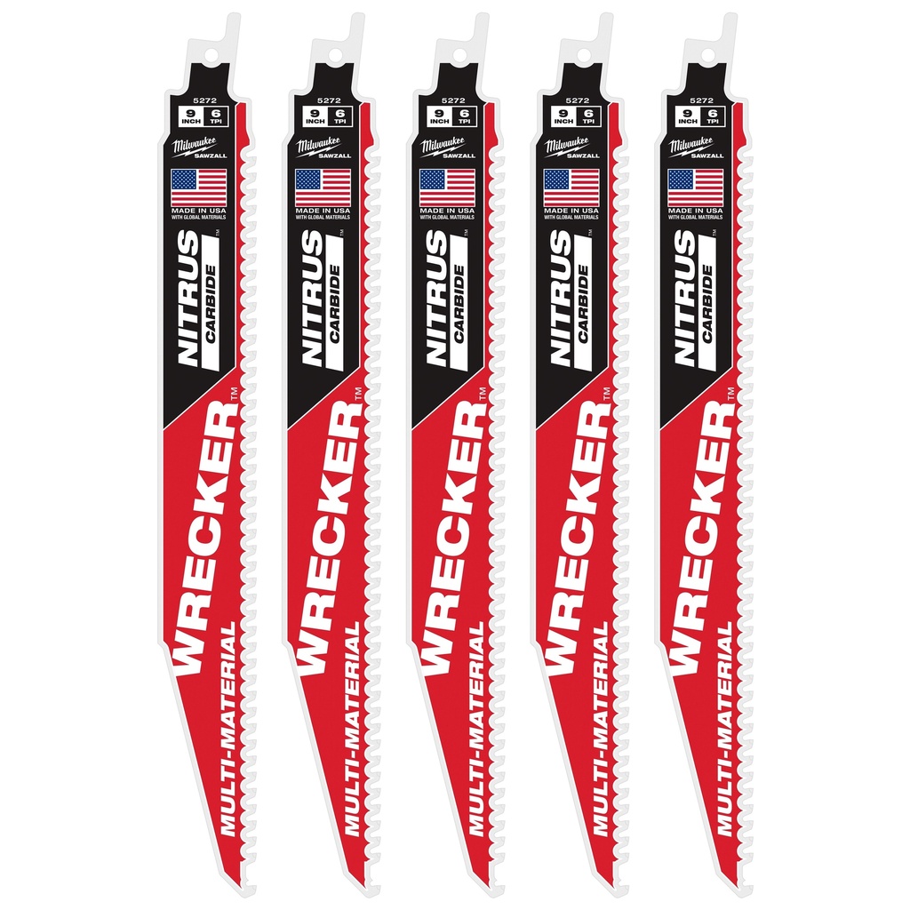 Milwaukee 48-00-5572 9" WRECKER™ with NITRUS™ Carbide SAWZALL® Blade for Multi-Material (5 PK)