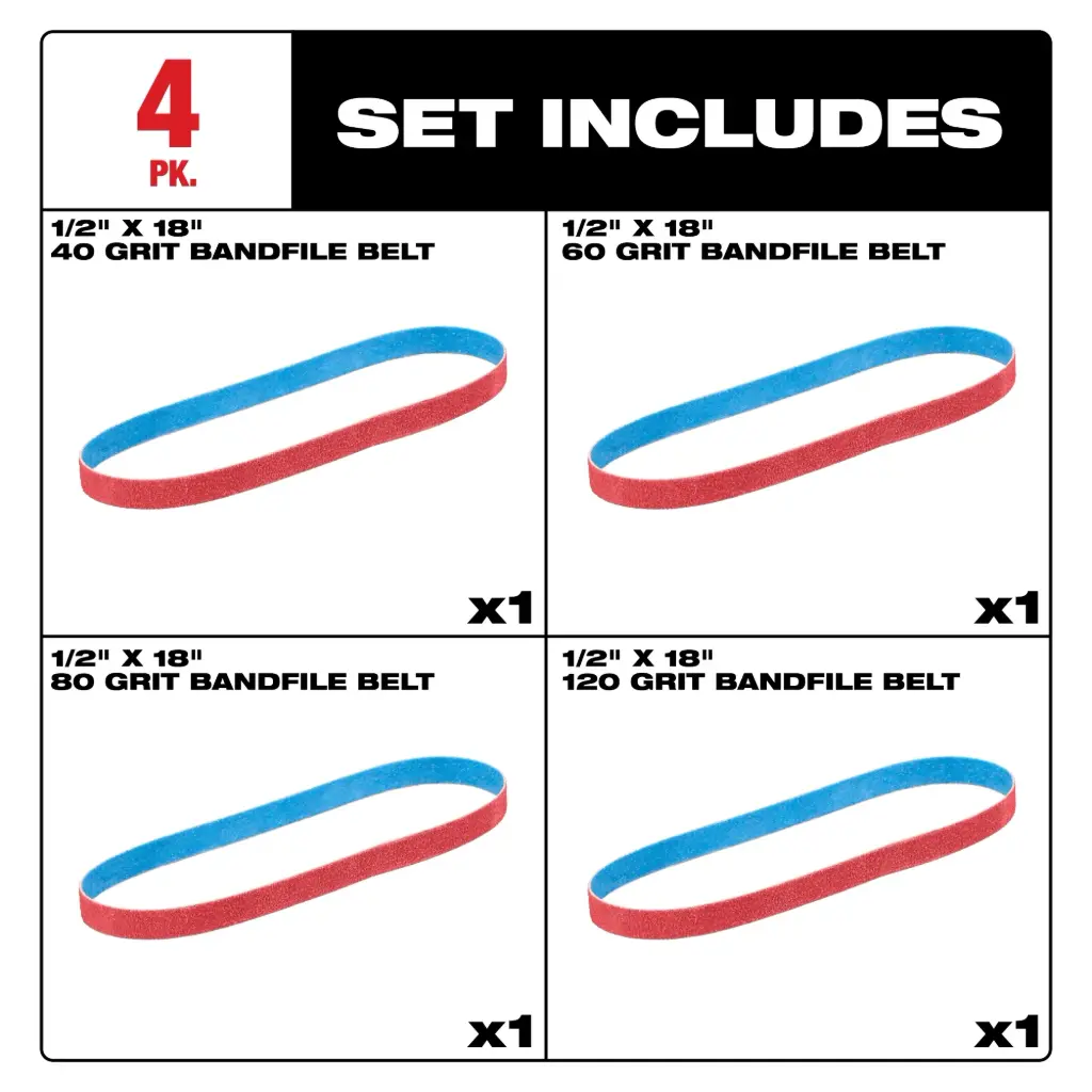 Milwaukee 48-80-9000 1/2” x 18” 40/60/80/120 Grit Bandfile Belts – 4 pack variety