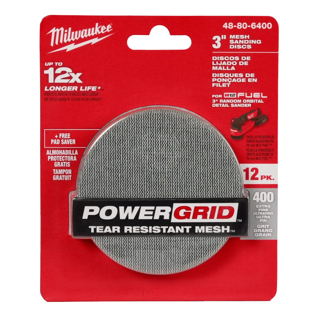 Milwaukee 48-80-6400 3” 400 Grit Mesh Sanding Discs with POWERGRID™ Tear Resistant Mesh – (12 PK) + Pad Saver