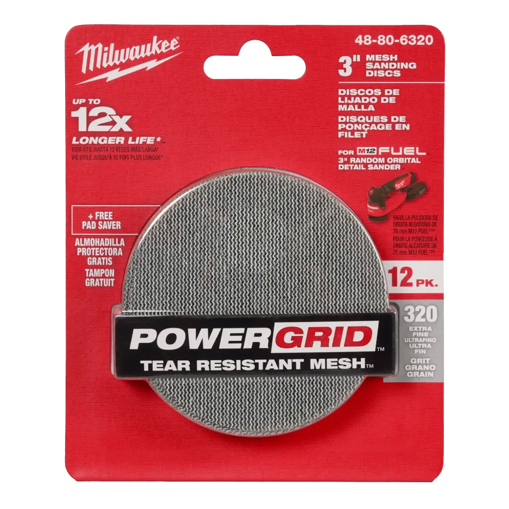 Milwaukee 48-80-6320 3” 320 Grit Mesh Sanding Discs with POWERGRID™ Tear Resistant Mesh – (12 PK) + Pad Saver