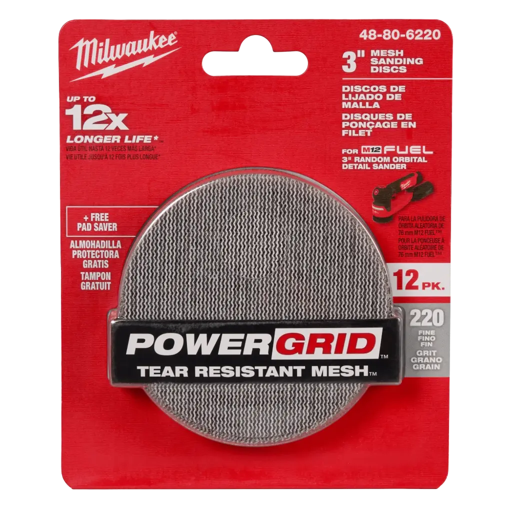 Milwaukee 48-80-6220 3” 220 Grit Mesh Sanding Discs with POWERGRID™ Tear Resistant Mesh – (12 PK) + Pad Saver