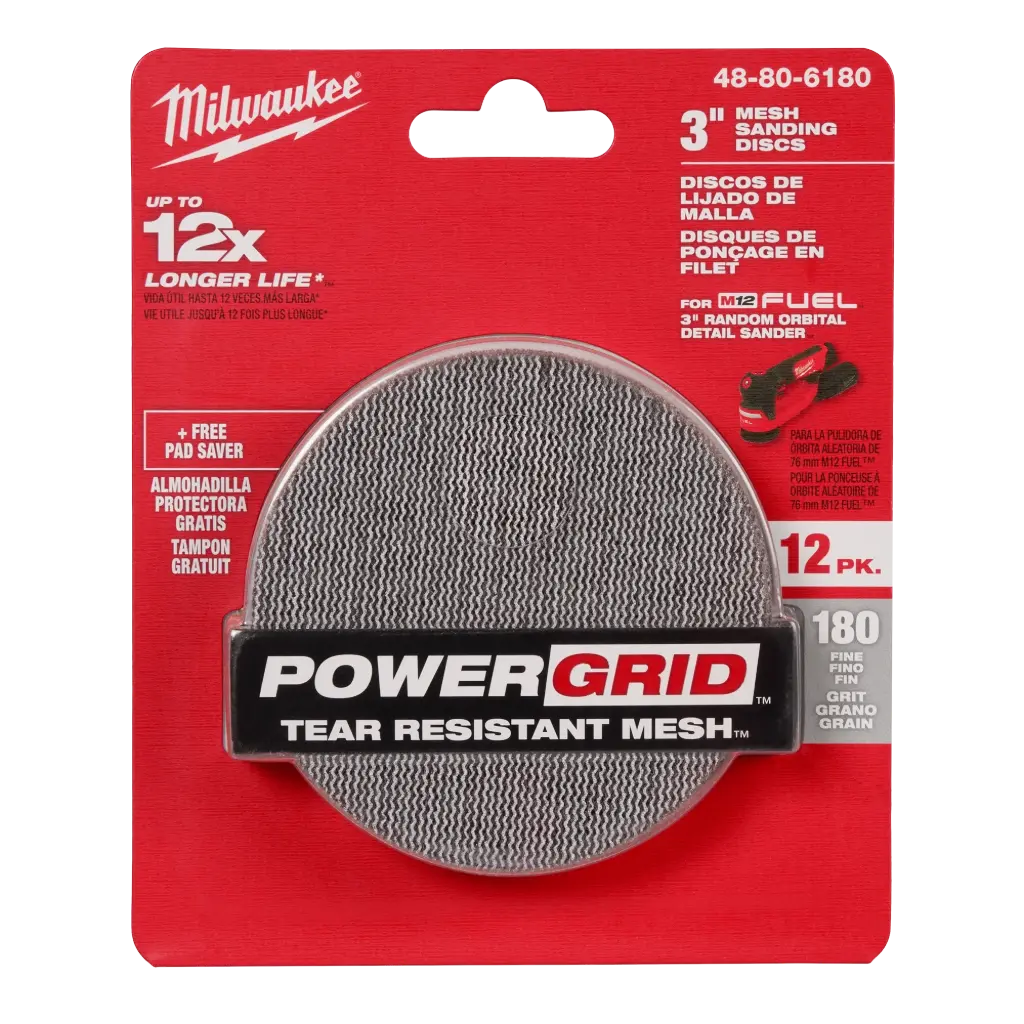 Milwaukee 48-80-6180 3” 180 Grit Mesh Sanding Discs with POWERGRID™ Tear Resistant Mesh – (12 PK) + Pad Saver
