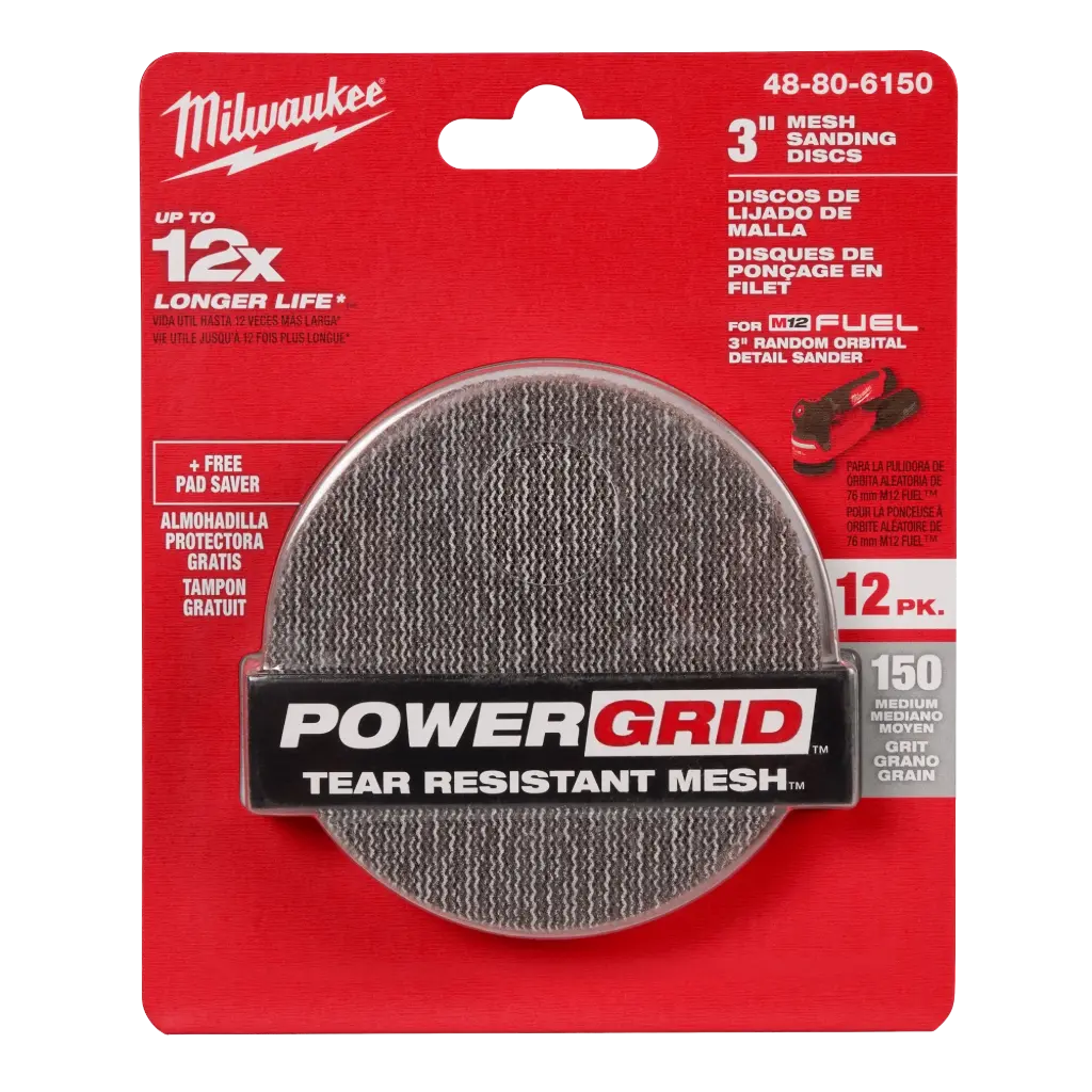 Milwaukee 48-80-6150 3” 150 Grit Mesh Sanding Discs with POWERGRID™ Tear Resistant Mesh – (12 PK) + Pad Saver