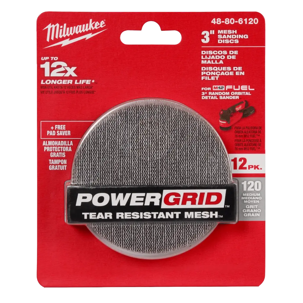 Milwaukee 48-80-6120 3” 120 Grit Mesh Sanding Discs with POWERGRID™ Tear Resistant Mesh – (12 PK) + Pad Saver