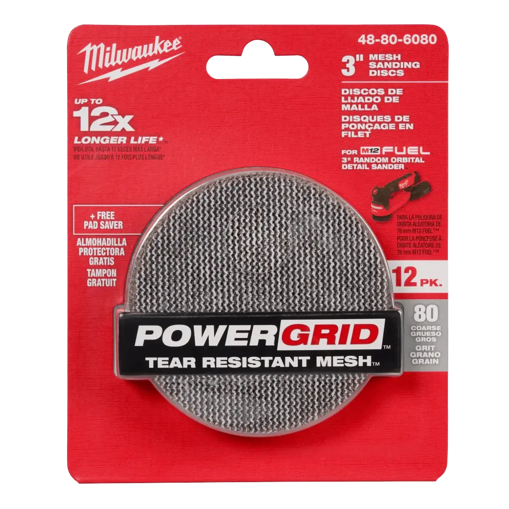 Milwaukee 48-80-6080 3” 80 Grit Mesh Sanding Discs with POWERGRID™ Tear Resistant Mesh – (12 PK) + Pad Saver