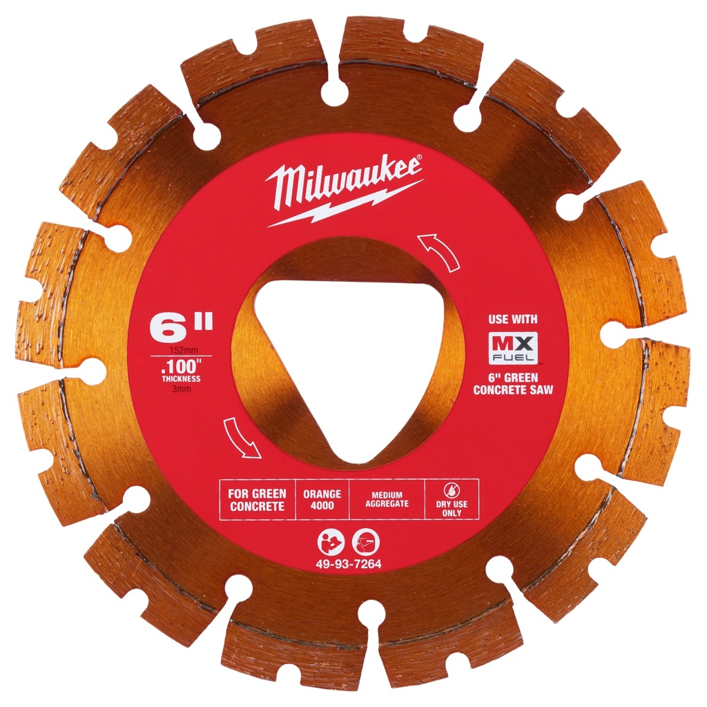 Milwaukee 49-93-7264 Orange 6” x .100” Diamond Blade for Green Concrete