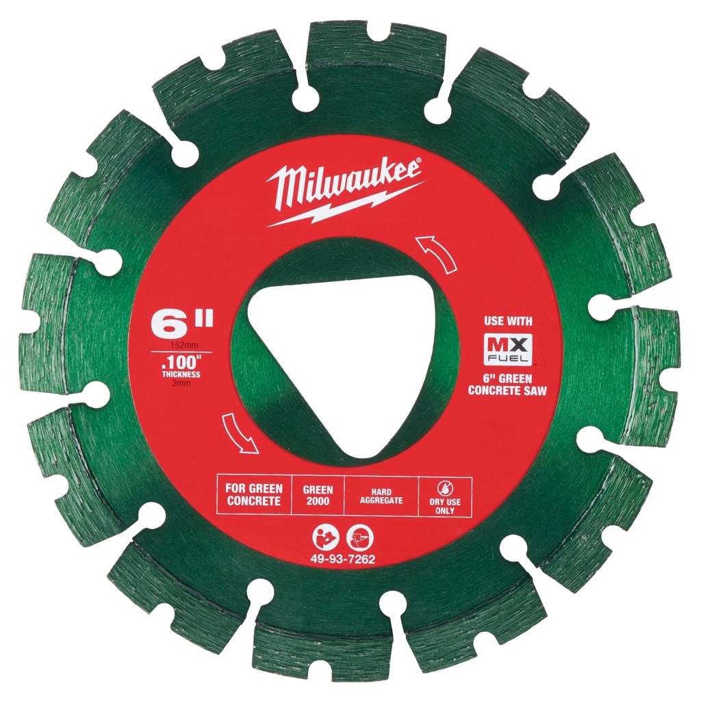 Milwaukee 49-93-7262 Green 6” x .100” Diamond Blade for Green Concrete