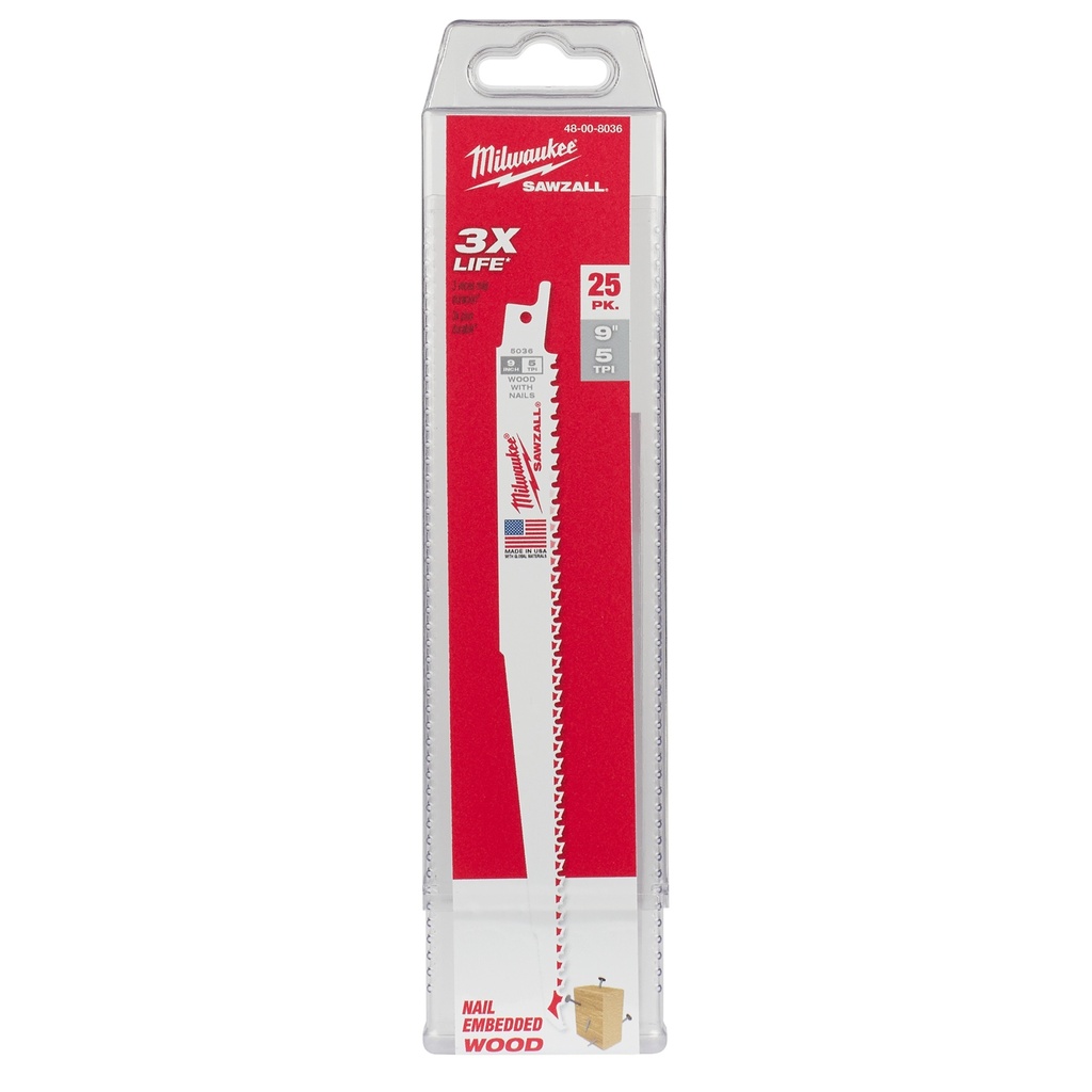 Milwaukee 48-00-8036 9" 5 TPI SAWZALL® Blade for Wood with Nails (25 PK)