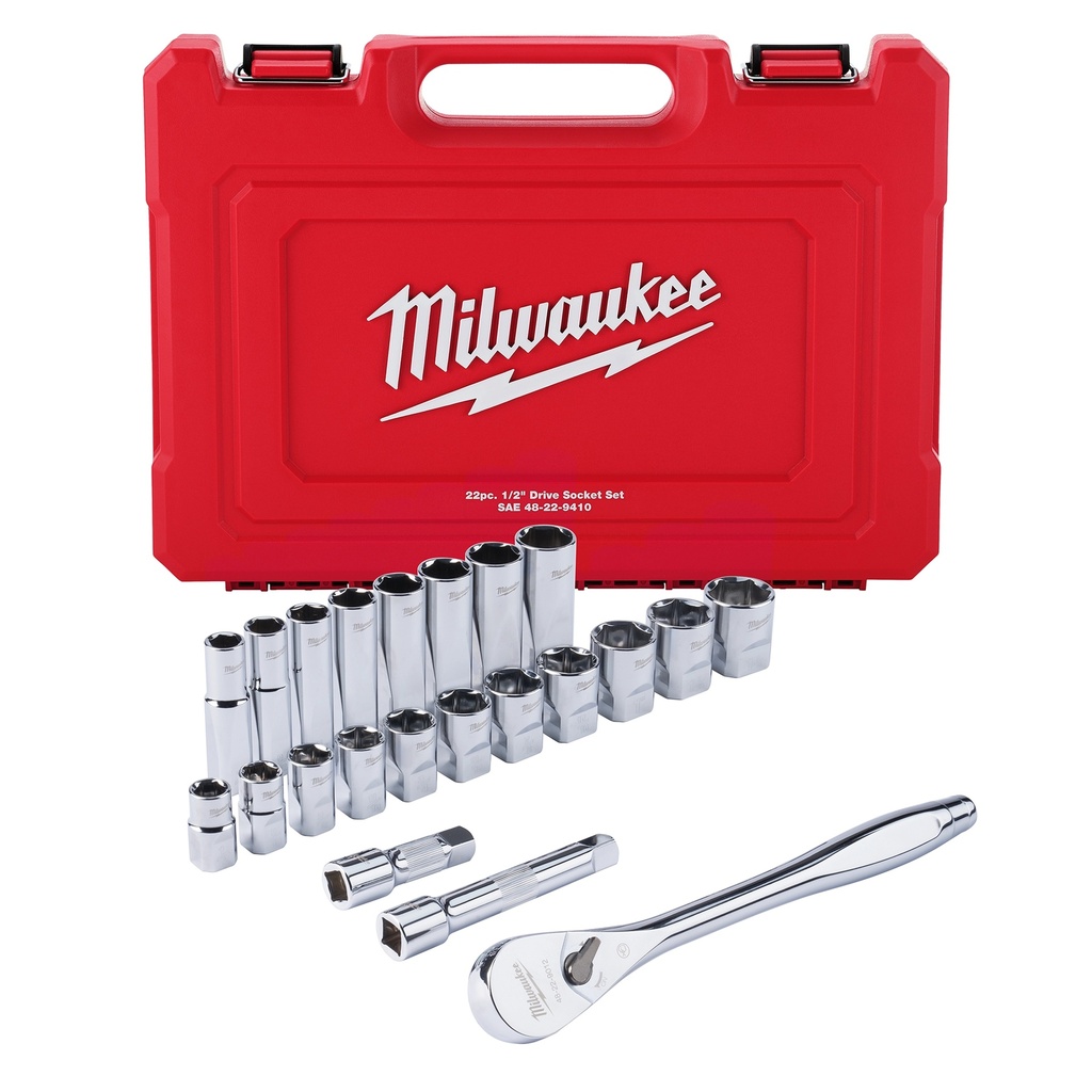 Milwaukee 48-22-9410 22 pc 1/2" Drive SAE Ratchet and Socket Set with FOUR FLAT™ Sides