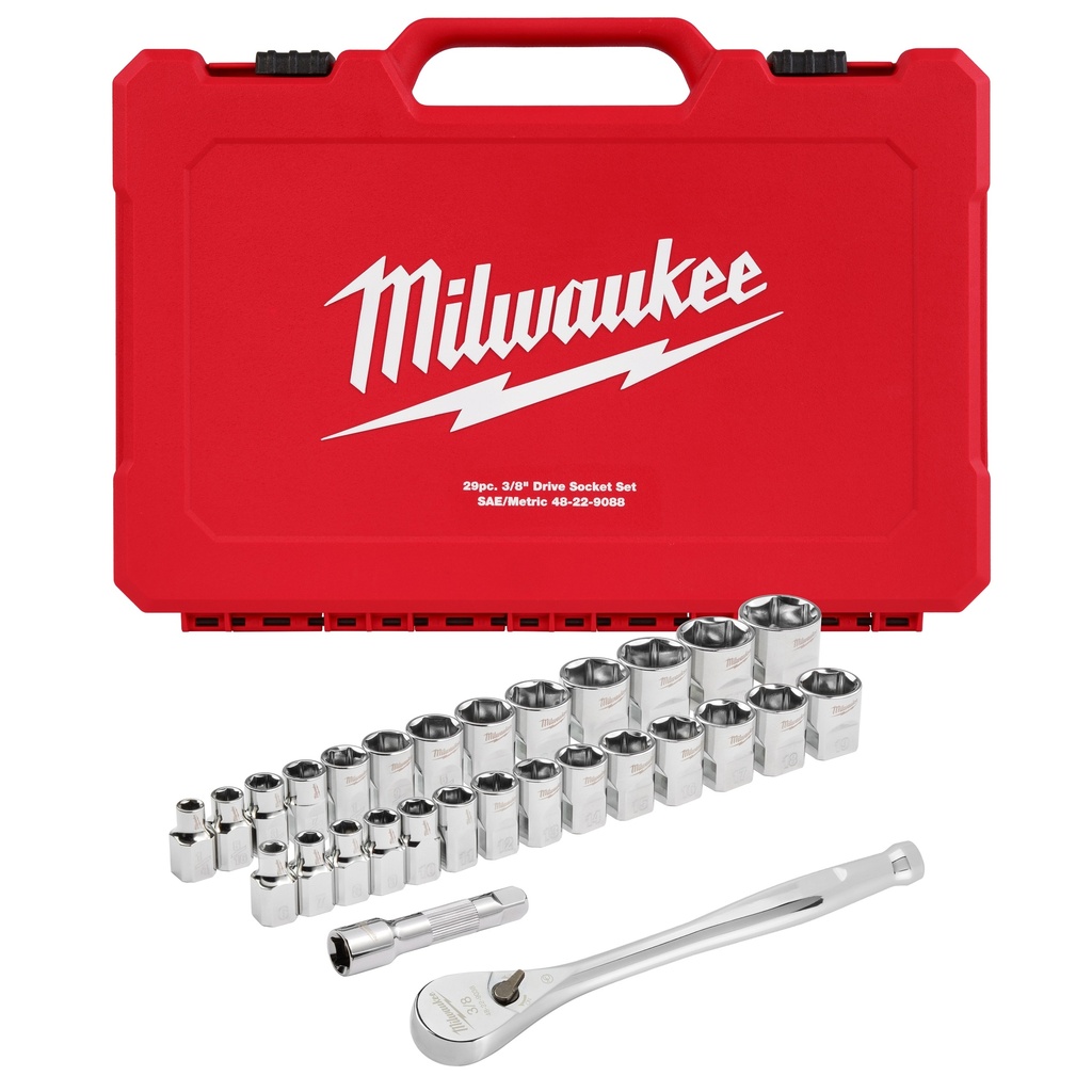 Milwaukee 48-22-9088 29pc 3/8" Drive Metric & SAE Ratchet and Socket Set with FOUR FLAT™ SIDES