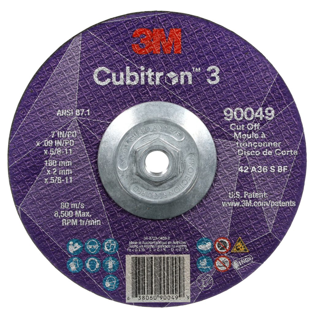 3M™ Cubitron™ 3 Cut-Off Wheel, 90049, 36+, T27, 7 in x 0.09 in x 5/8 in-11 (180 x 2 mm x 5/8-11 in), ANSI, 10 ea/Case