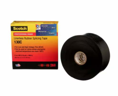 Scotch® Linerless Rubber Splicing Tape 130C, 1-1/2 in x 30 ft, Black, 1 roll/carton, 12 rolls/Case