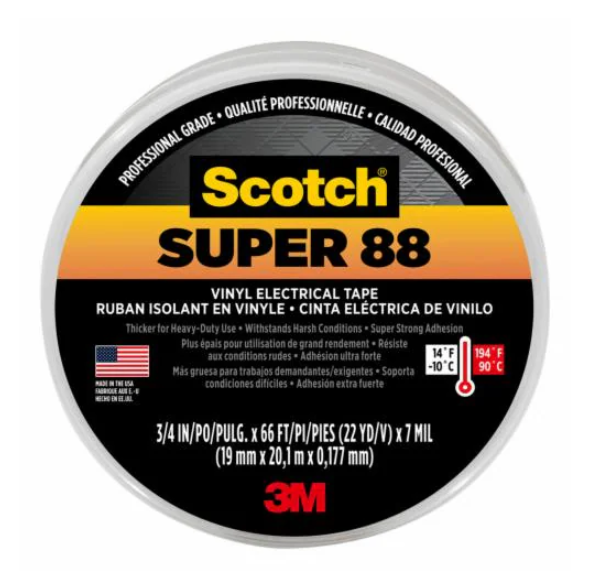 Scotch® Vinyl Electrical Tape Super 88, 3/4 in x 66 ft, Black, 10 rolls/carton, 100 rolls/Case