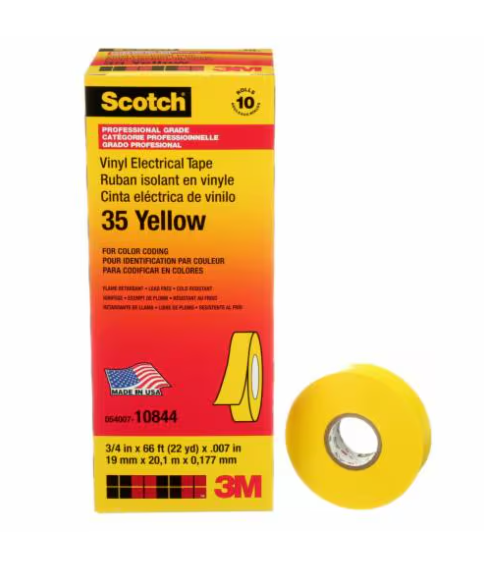 3M Scotch® Vinyl Color Coding Electrical Tape 35, 3/4 in x 66 ft, Yellow, 10 rolls/carton, 100 rolls/Case