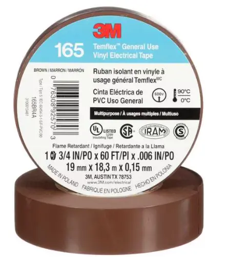 3M™ Temflex™ Vinyl Electrical Tape 165, Brown, 3/4 in x 60 ft (19 mm x 18 m), 6 mil, 100 Rolls/Case
