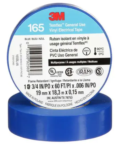 3M™ Temflex™ Vinyl Electrical Tape 165, Blue, 3/4 in x 60 ft (19 mm x 18 m), 6 mil, 100 Rolls/Case