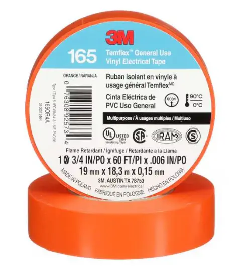 3M™ Temflex™ Vinyl Electrical Tape 165, Orange, 3/4 in x 60 ft (19 mm x 18 m), 6 mil, 100 Rolls/Case