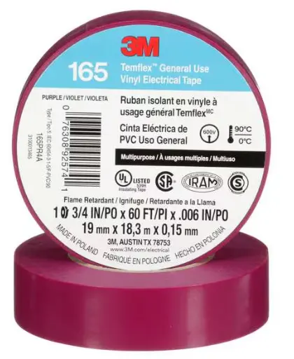 3M™ Temflex™ Vinyl Electrical Tape 165, Purple, 3/4 in x 60 ft (19 mm x 18 m), 6 mil, 100 Rolls/Case