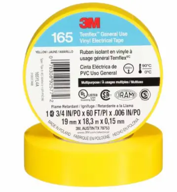 3M™ Temflex™ Vinyl Electrical Tape 165, Yellow, 3/4 in x 60 ft (19 mm x 18 m), 6 mil, 100 Rolls/Case