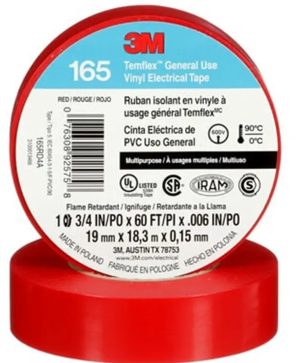 3M™ Temflex™ Vinyl Electrical Tape 165, Red, 3/4 in x 60 ft (19 mm x 18 m), 6 mil, 100 Rolls/Case