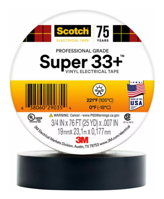 Scotch® Super 33+ Vinyl Electrical Tape, 3/4 in x 76 ft, 1 in Core, Black, 10 rolls/carton, 100 rolls/Case