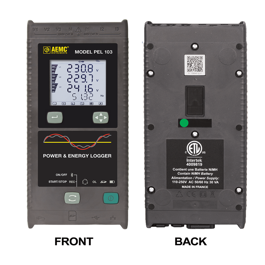 AEMC PEL 103 Power & Energy Logger Model PEL 103 (w/LCD, w/3 MA193-10-BK Sensors) {ETL} Replaced by Cat #2137.54