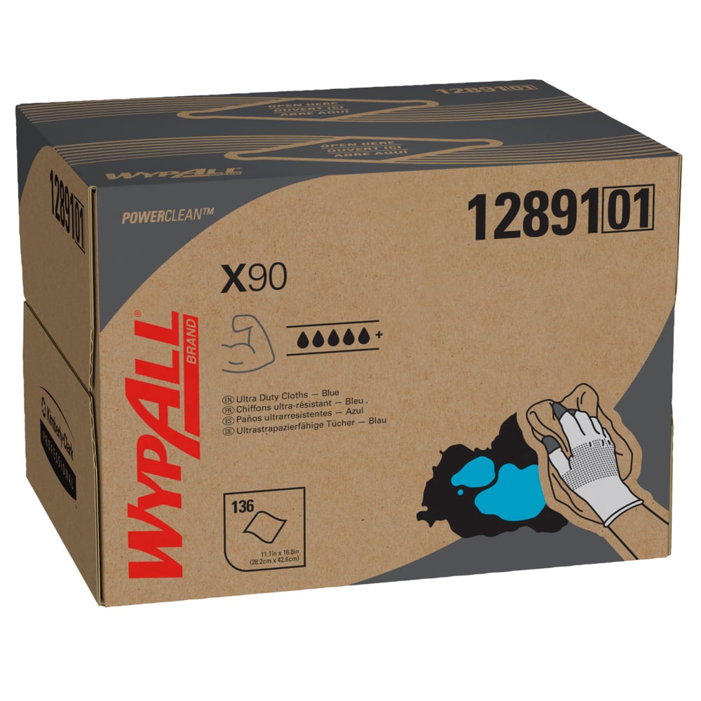 WypAll® 12891 PowerClean™ X90 Ultra Duty Cloths, 136 Sheets/Box; 1 Box/Case; 136 Sheets/Case; Blue; Brag Box; Low Lint Extended Use Towels