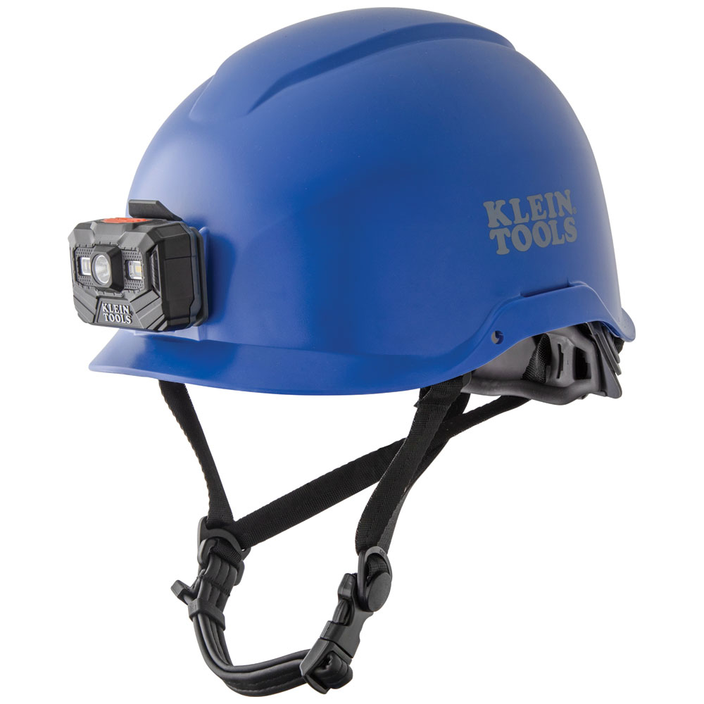 Klein 60148 Safety Helmet, Non-Vented-Class E, with Rechargeable Headlamp, Blue