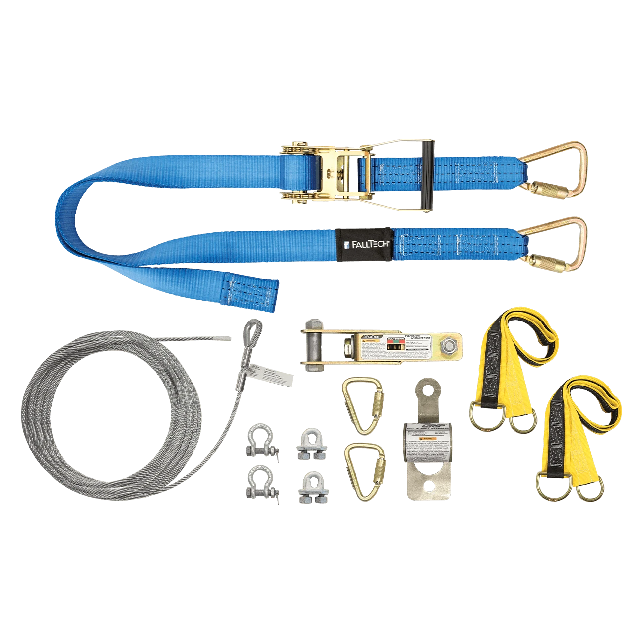 FallTech 60' SteelGrip Plus Temp Cable HLL Kit with Ratchet Strap Tensioner + 6' Web Pass-thru Anchors (60260AR)
