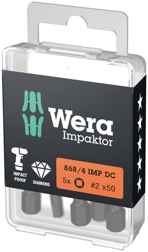 [WER_05057671001] Wera 05057671001 868/4 IMP DC DIY Impaktor Square Head Socket Bits, # 2 X 50 mm, 5 Pc