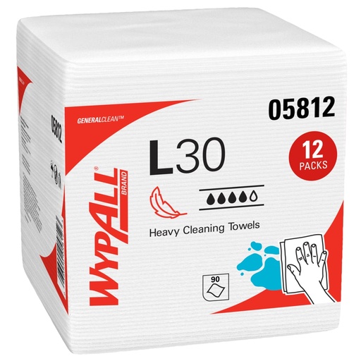[KCP_05812] WypAll® 05812 GeneralClean™ L30 Heavy Duty Cleaning Towels, 90 Sheets/Pack; 12 Packs/Case; 1,080 Sheets/Case; White; Quarterfold; Strong and Soft Towels