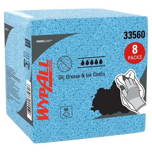 [KCP_33560] WypAll® 33560 Oil, Grease & Ink Cloths, 66 Sheets/Pack; 8 Packs/Case; 528 Sheets/Case; Blue; Quarterfold; Lint-Free Towels