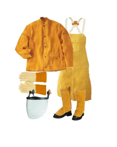 Hot Work PPE Set; Cowhide, Jacket/Apron/Gloves/Chaps/Face Shield (helmet compatible)